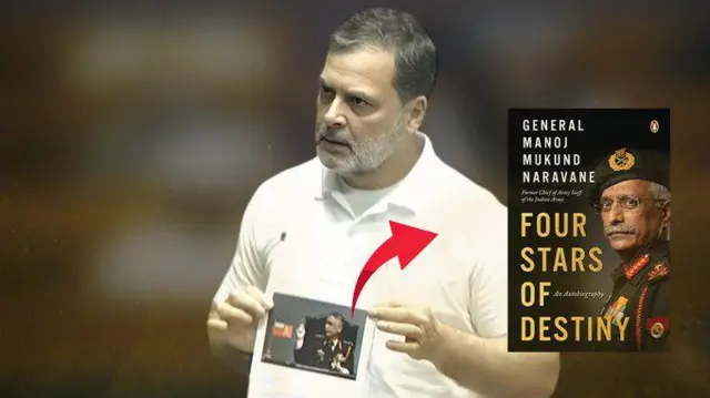 اپوزیشن جماعت کانگریس کی جانب سے ایکس پر شائع کردہ تصویر جس میں راہل گاندھی ہاتھ میں کاغذ پکڑے کھڑے ہیں۔ جنرل نروانے کی کتاب کا سرورق بھی موجود ہے۔ ایکس پوسٹ میں لکھا ہے: 'اس بُک میں کیا ہے جو مودی سرکار کو ڈر لگتا ہے‘