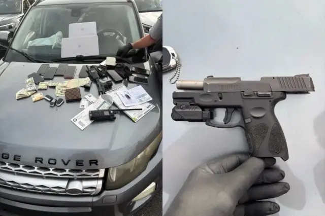 Dinheiro, celulares, documentos apreendidos em Land Rover e arma