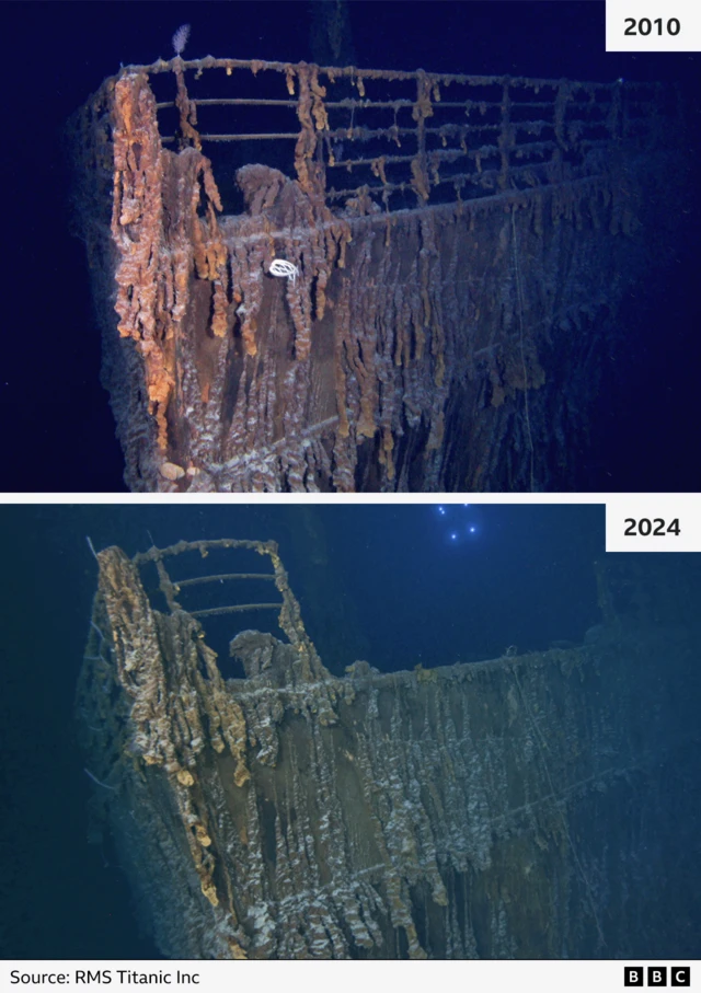 Imágenes comparativas  de los escombros del Titanic en 2010 y 2024 