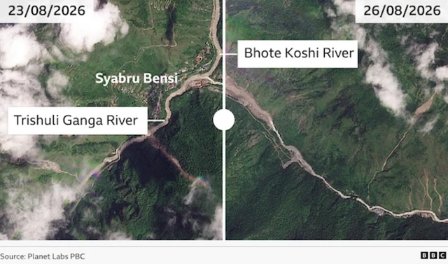 A slider showing before and after the flood along the Trishuli Ganga River and Bhote Koshi River