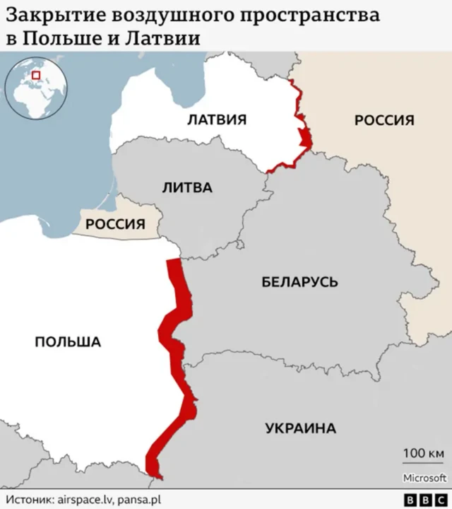 Карта, на которой обозначены границы, по которым Польша и Латвия закрыли воздушное пространство