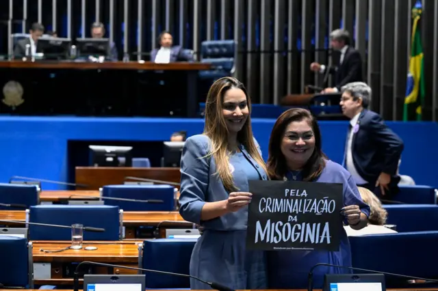Autora do PL 896/2023, senadora Ana Paula Lobato (PSB-MA) posa para foto com cartaz que diz: "Pela criminalização da misoginia".