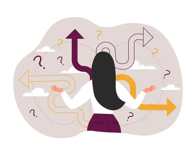 Mujer frente a flechas que apuntan en distintas direcciones y signos de interrogación
