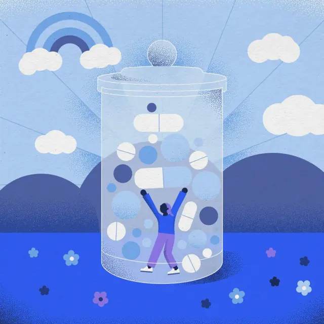 커다란 약병 안 에 알약과 팔을 뻗은 여성이 함께 그려진 일러스트