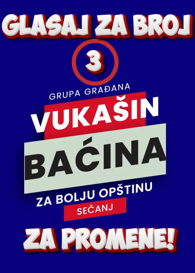 Glasaj za broj tri, grupa građana Vukašin Baćina za bolju opštinu Sečanj za promenu - poruka ispisana na plavom papiru