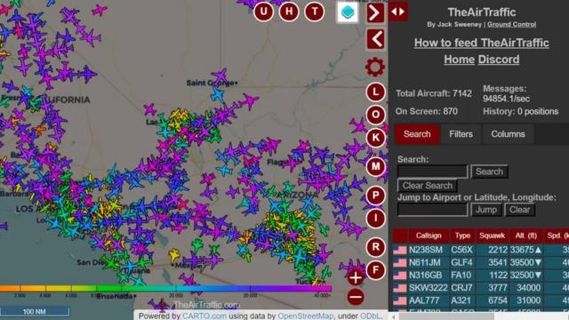 Uma captura de tela do site de Jack Sweeney TheAirTraffic.com