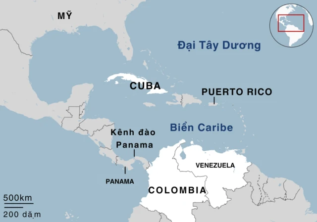 Bản đồ hiển thị kênh đào Panama, cũng như Colombia, Venezuela và Cuba