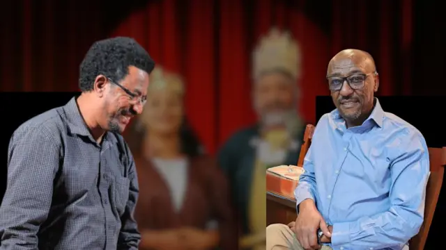 አዘጋጅ ተሻለ አሰፋ (ዶ/ር) (በስተግራ) እና ፀሐፌ ተውኔት መልካሙ ዘሪሁን (በስተቀኝ)