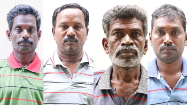 கைது செய்யப்பட்ட மாதேஸ்வரன், ஆசியப்பன், ரமேஷ் மற்றும் நகைத் தொழிலாளி ஞானப்பிரகாசம்