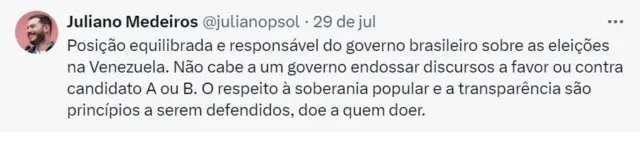 Capturabet365 pokertelabet365 pokertuíte do ex-presidente do Psol, Juliano Medeiros, onde se lê: Posição equilibrada e responsável do governo brasileiro sobre as eleições na Venezuela. Não cabe a um governo endossar discursos a favor ou contra candidato A ou B. O respeito à soberania popular e a transparência são princípios a serem defendidos, doe a quem doer."