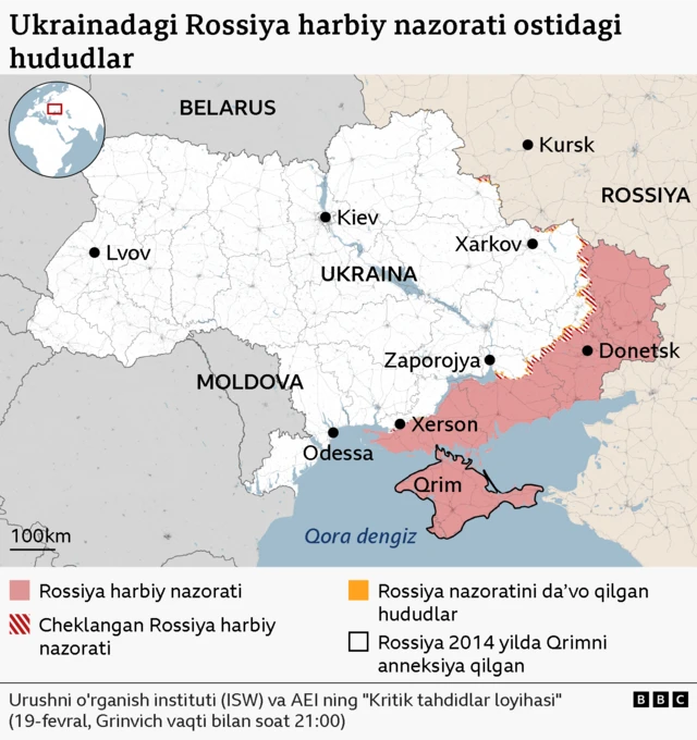 2026 йил 18 февраль куни соат 21:00 GMT ҳолатига кўра Украинанинг Россия ҳарбий назоратидаги ҳудудлар харитаси.