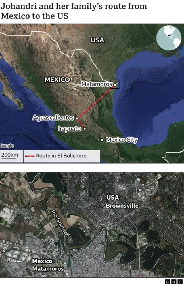 Map showing Johandri's journey through Mexico and the border with the US town of Brownsville
