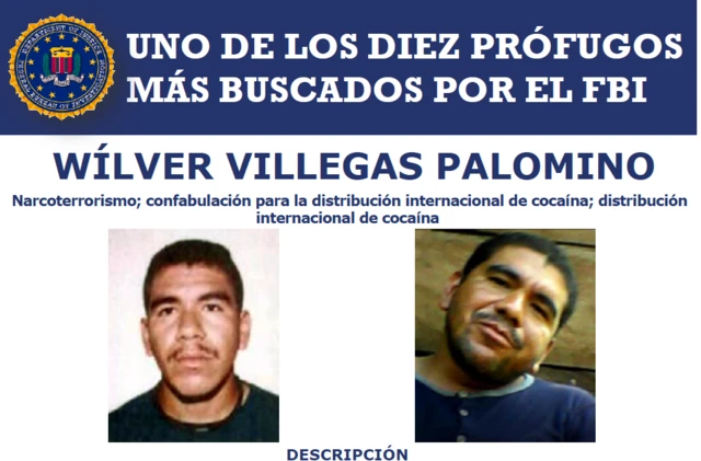 Afiche del FBI sobre Wilver Villegas-Palomino como uno de los 10 más buscados del Buró Federal de Investigaciones de EE.UU.