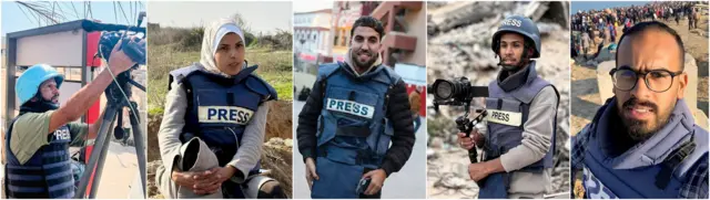 صورة مجمعة للصحفيين الخمسة الذين قتلوا في قطاع غزة بينهم مريم أبو دقة، وحسام المصري، ومحمد سلامة ومعاذ طه