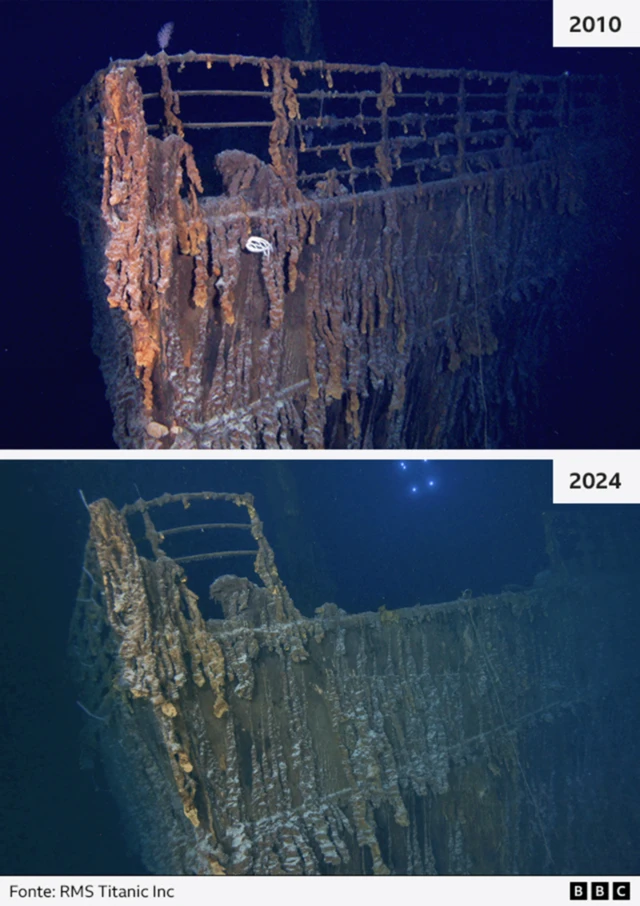 Duas imagens comparam a situação do Titanicbwin eu2010 e 2024, e mostra grade do navio corroída