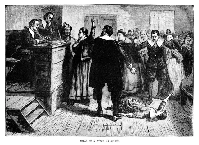 Uma mulher sendo acusada de bruxaria em Salem, Massachusetts. Ilustração publicada em 1895. Domínio Público.