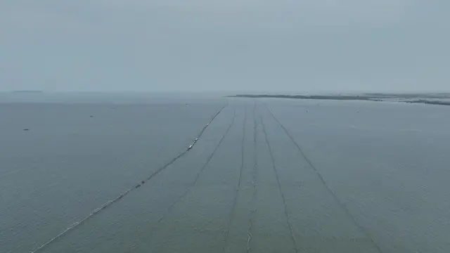 Penampakan pagar laut di pesisir Kabupaten Tangerang sepanjang 30,16 km.