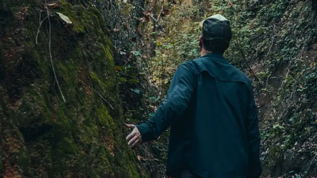 Pessoa caminha entre as árvores, em uma trilha no bosque