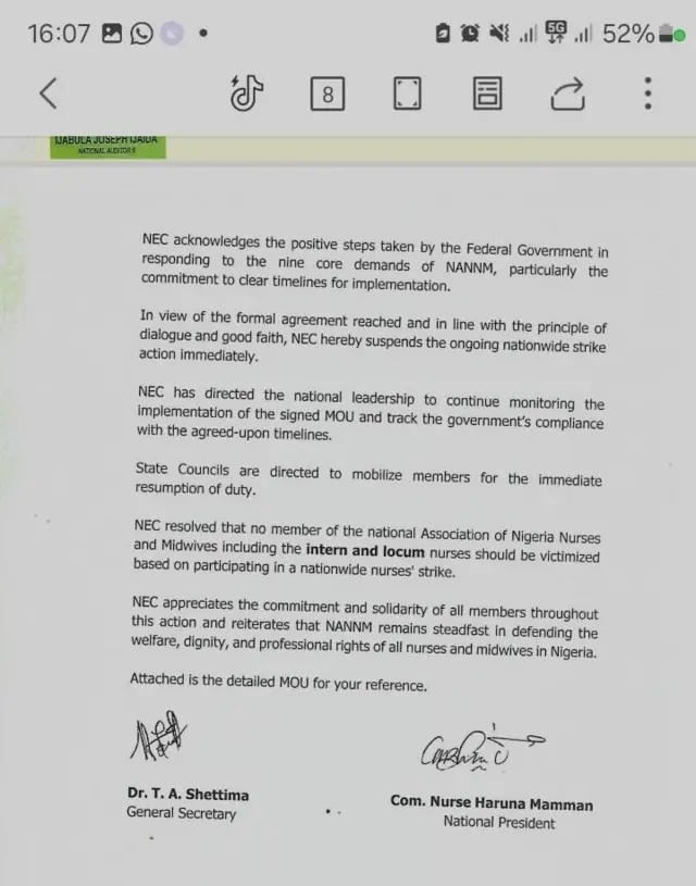 Aworan iwe ti wọn fi kede opin iyanṣẹlodi naa