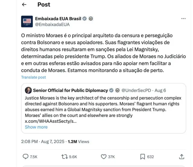 Print de tweet da Embaixada dos EUA no Brasil