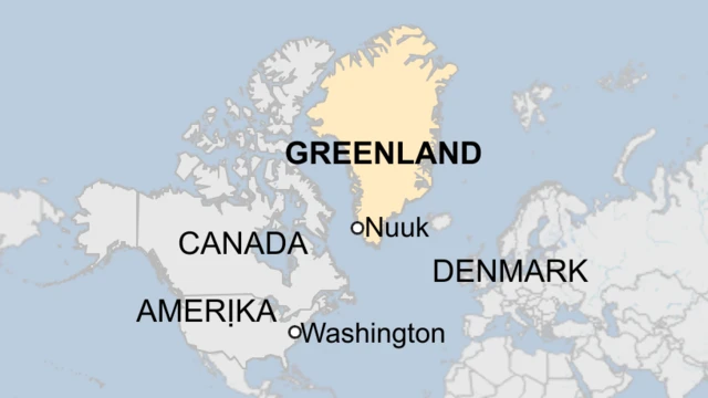 Mapụ na-egosi ebe Greenland na isi obodo Nuuk, dị na Denmark, Canada na United States. Ahakwara ya bụ isi obodo US Washington.