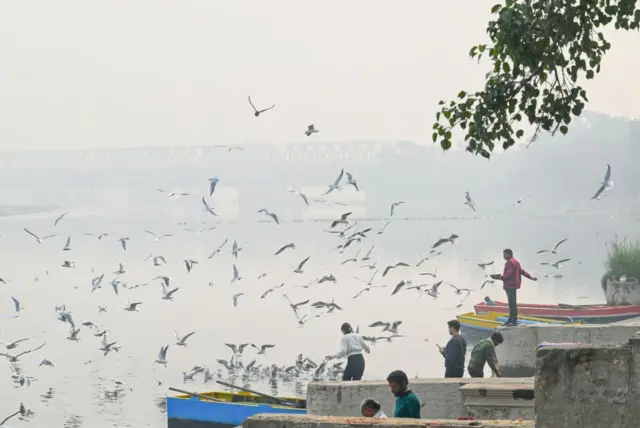 দিল্লিতে বুধবার সকালে যমুনার তীরের ছবি। ঘাট থেকে প্রায় অদৃশ্য নদীর ওপর সেতুও 