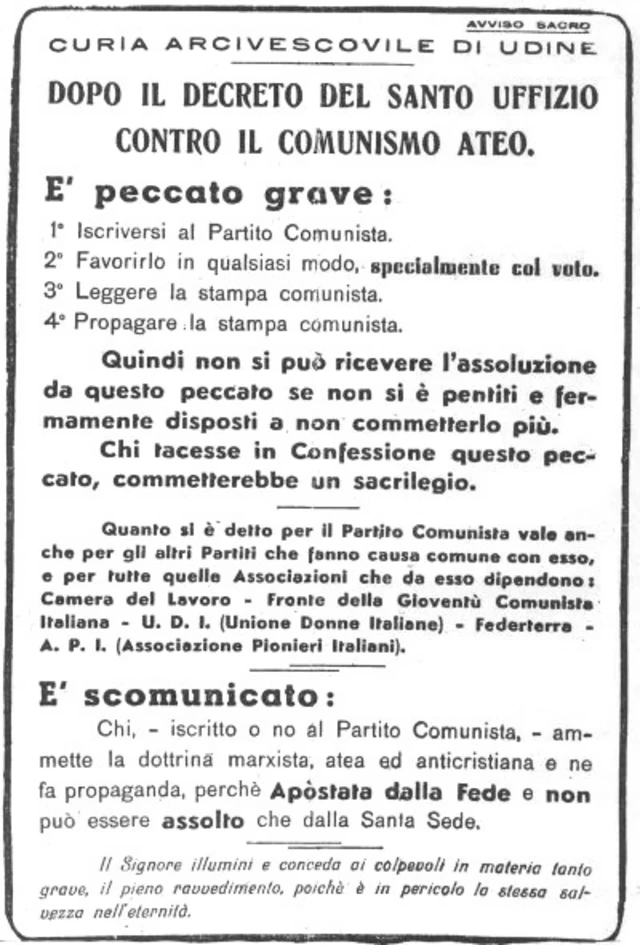 Reprodução de aviso espalhado nas igrejas da região de Udine, na Itália, há 75 anos