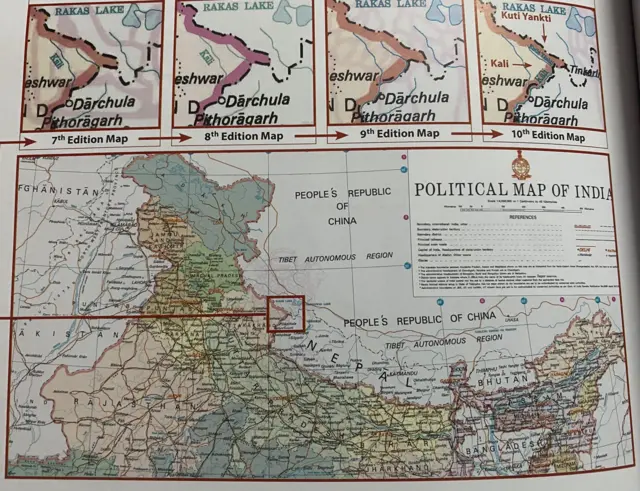 भारतको राजनीतिक नक्सा। सन् २०१७, सन् २०१९ (दुई पटक परिवर्तन) र सन् २०२० मा गरिएको तेस्रो परिवर्तन नक्सामा देखाइएको छ