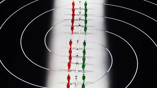 赤、白、緑の衣装を着た人たちが色別に縦列になり、ファッションショーのキャットウォークにも見えるまっすぐな白い通路を歩いている。中心が太極図のようになった白黒の同心円が、床に描かれている。写真は場面を後方上方から撮影したもの
