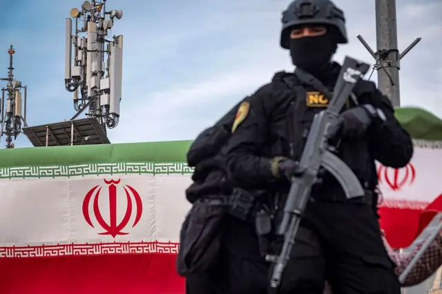 یک نیروی مسلح از یگان ویژه پلیس ایران با لباس سیاه و اسلحه در دست، روی یک خودروی زرهی ایستاده و در حال مراقبت از اطراف است. در پس‌زمینه تصویر، دکل‌های مخابراتی و پرچم ایران دیده می‌شود. این تصویر در جریان یک تجمع حامی دولت در مرکز تهران گرفته شده است.