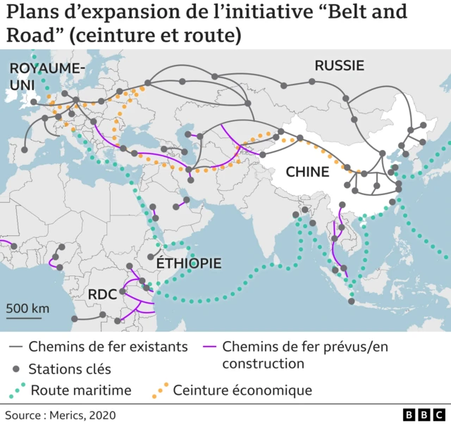 Carte du monde montrant l'étendue de l'initiative chinoise « la Ceinture et la Route ».