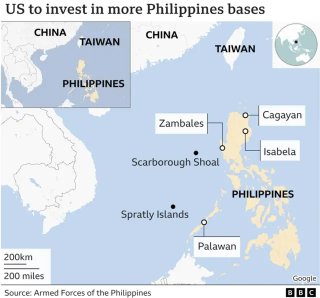 필리핀 내 주요 군사 기지 4곳의 위치