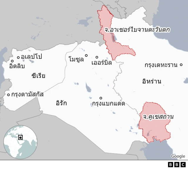 แผนที่ระบุตำแหน่งของเมืองสำคัญต่าง ๆ ในซีเรีย, อิรัก และอิหร่าน