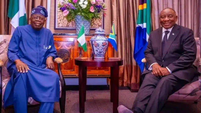 Njem ọzọ Onyeisiala Tinubu mere bụ ụbọchị Tuzde Juun 18, 2024. Njem a bụ maka idu n'iyi ọrụ nke Cyril Ramaphosa dịka Onyeisiala mba Saụt Afrịka. 