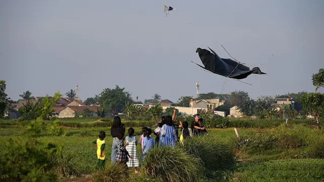 Back view of a group of children and teens looking at the sky, as they fly kites in a field