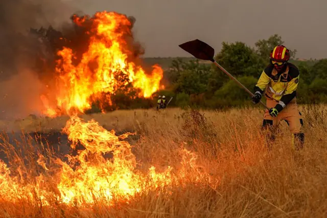 Un hombre combate un incendio forestal en España