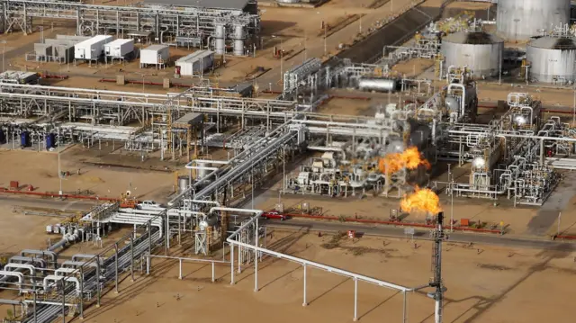 Пламя, сжигающее природный газ, на заводе по переработке тяжелой нефти, принадлежащем государственной нефтяной компании Венесуэлы PDVSA, в богатом нефтью поясе Ориноко, недалеко от Кабрутики в штате Анзоатеги, 16 апреля 2015 года.