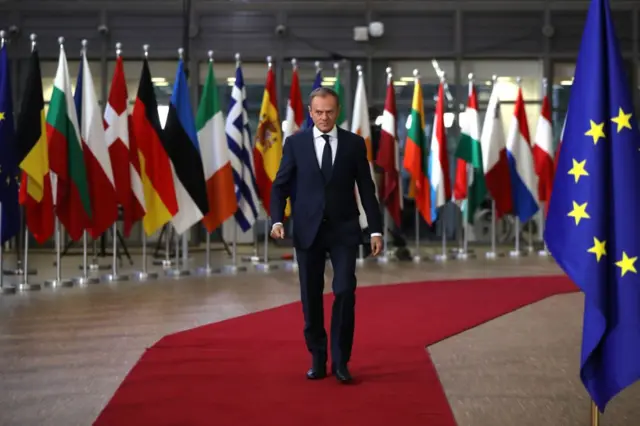 Туск на фоне флагов Европы