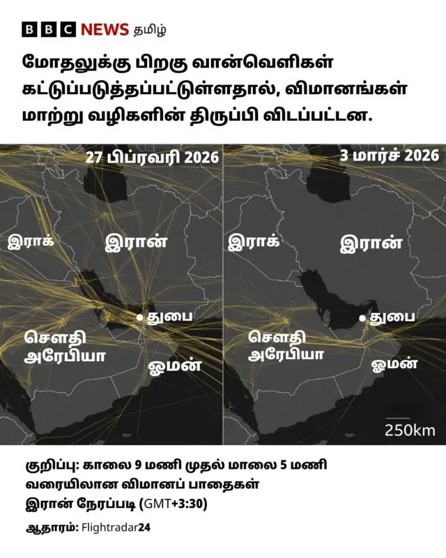பிப்ரவரி மாதத்திலிருந்து மார்ச் மாதத்தில் விமான போக்குவரத்து மாற்றப்பட்டதை காட்டும் வரைபடம் 