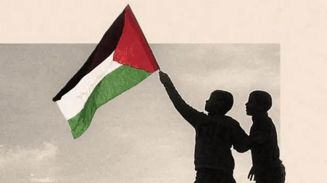 Composición en la que se ve dos siluetas sosteniendo una bandera palestina