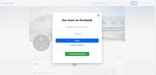Facebook login page