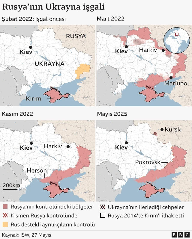Ukrayna'da zaman içinde Rusya'nın işgal ettiği toprakların değişimini gösteren haritalar