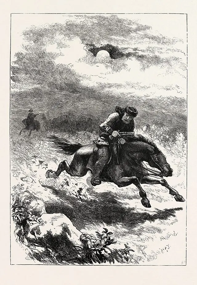 Ilustração em preto e branco mostrando Paul Revere durante sua 'cavalgada da meia-noite', em 1775