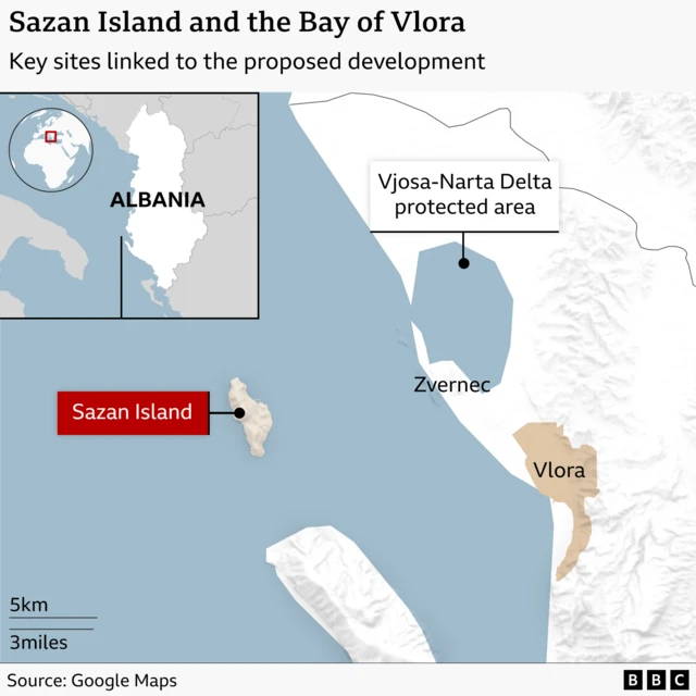Map shows the location of Sazan island, Zvernec, and Vlora.