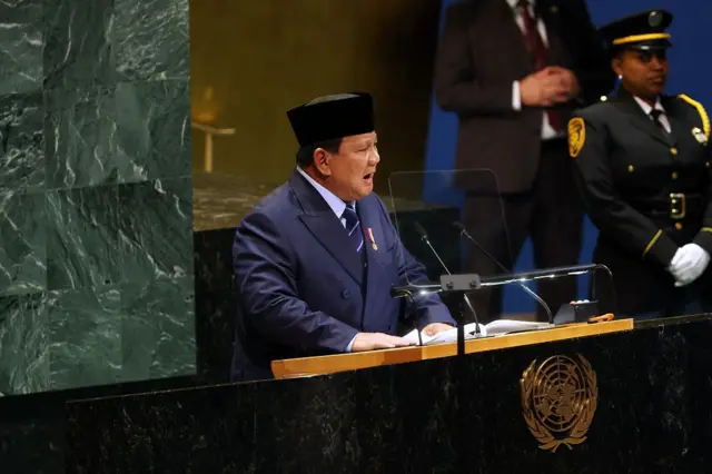 Prabowo Subianto, berpidato pada Sidang ke-80 Majelis Umum PBB (UNGA) di Markas Besar PBB pada 23 September 2025 di New York City. 