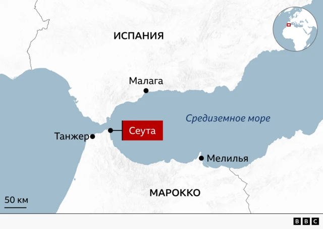 Сеута на карте Испании и Марокко