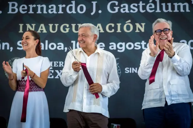 Claudia Sheinbaum, Andrés Manuel López Obrador y Rubén Rocha Moya