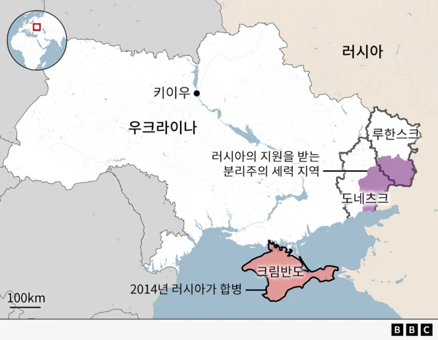 2014년 이후~2022년 전면 침공 시작 전 우크라이나의 상황. 크림반도와 돈바스 등을 담은 지도