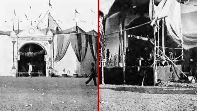 सुरतला 1907 मध्ये झालेल्या काँग्रेस अधिवेशनाच्या दोन छायाचित्रांमध्ये डावीकडे धक्कादायक घटना घडण्यापूर्वीचे आणि उजवीकडे त्या घटनेनंतरचे दृश्य दिसते.