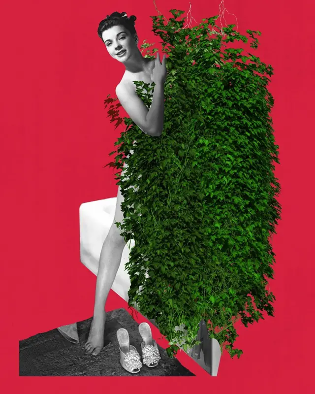 Colagem de fotos mostra uma mulher em preto e branco se escondendo atrs de uma planta em verde vibrante